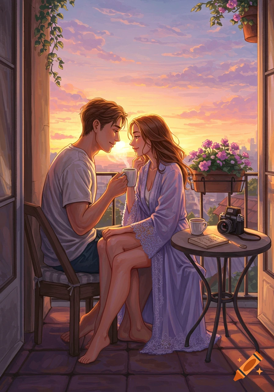 A couple on a balcony at sunrise, sharing coffee, in a romantic digital art style.