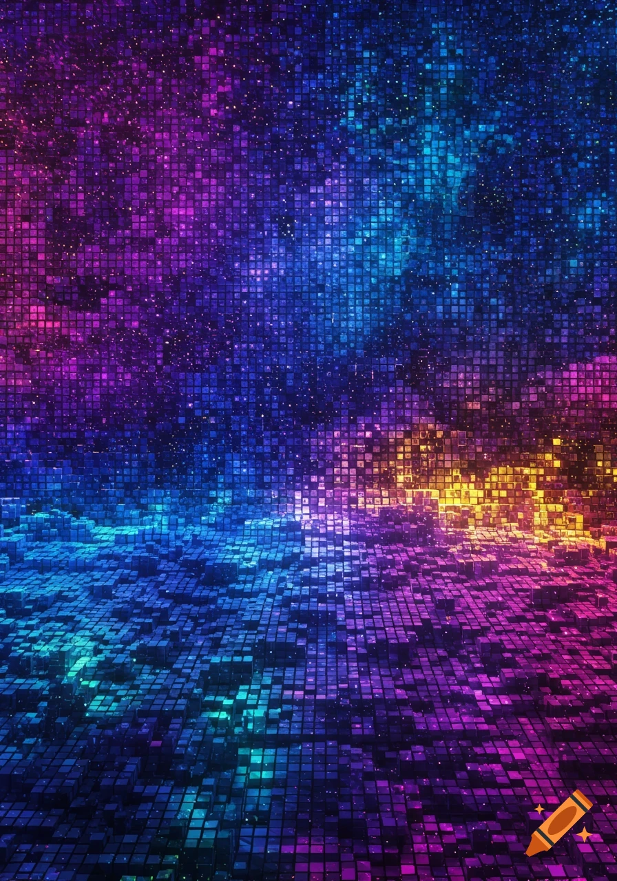 A vibrant abstract landscape of glowing, colorful pixels and cubes in blue, purple, magenta, and yellow.