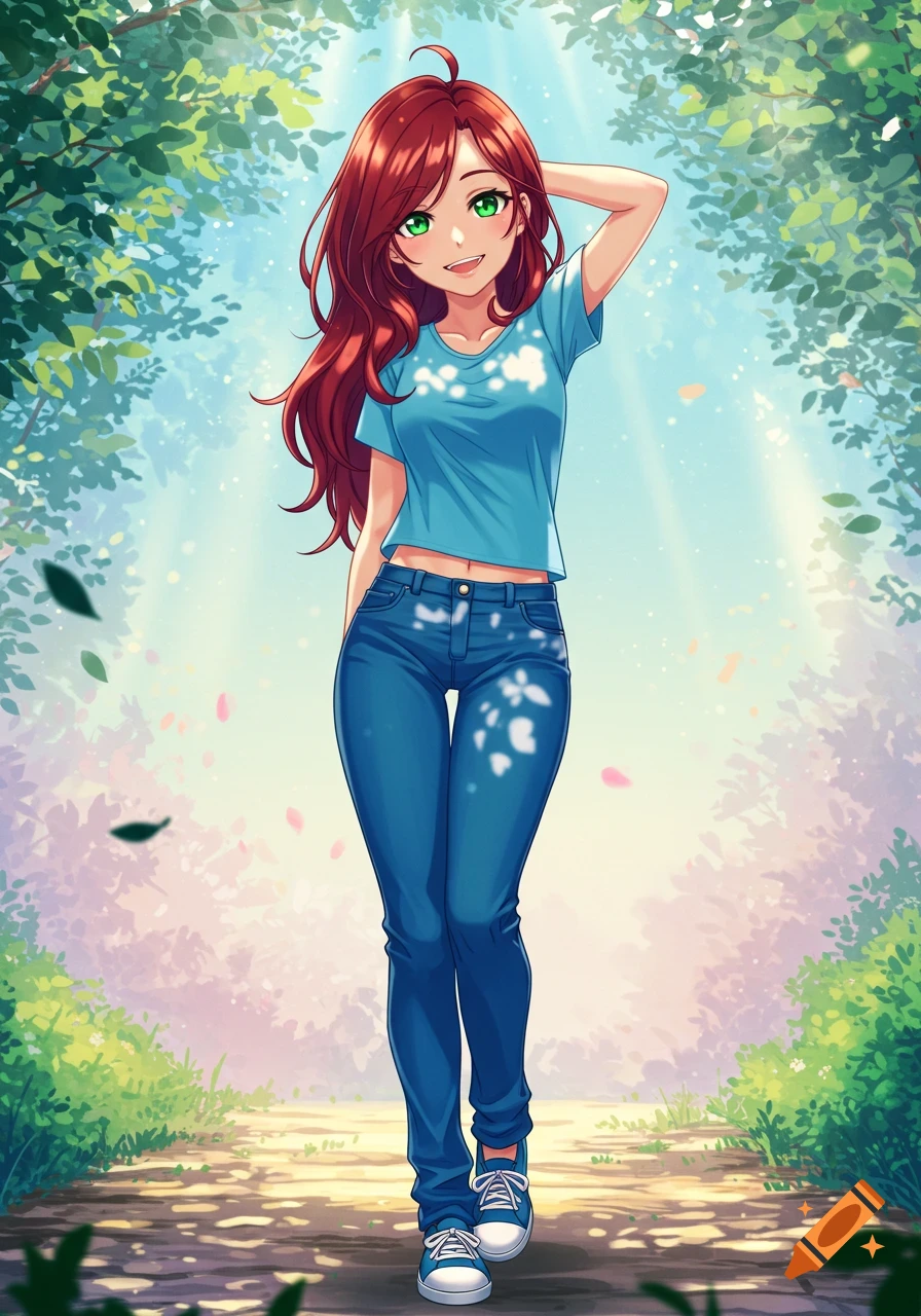An anime girl with red hair and green eyes, wearing a blue t-shirt, jeans, and sneakers, smiles while walking on a sunny path under trees.