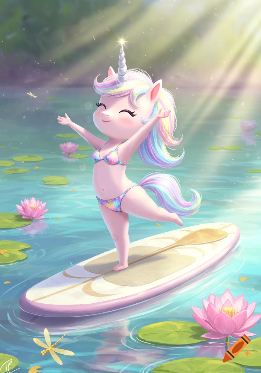 Whimsical cartoon unicorn in a colorful bikini doing a yoga pose on a paddleboard amidst water lilies under sunlight.