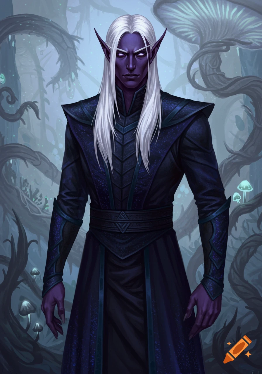 A dark-skinned male drow with white hair and glowing violet eyes, dressed in dark armored robes, stands in a mystical forest.