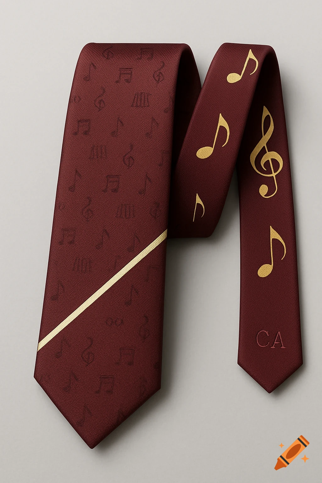 A burgundy tie with subtle embossed music notes, a gold diagonal stripe, and bold gold music notes on the narrow end with faint 'CA' initials.
