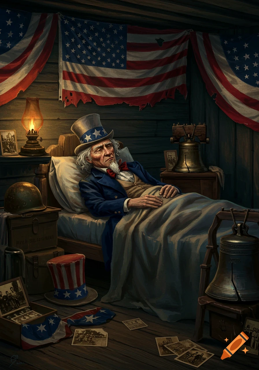 An ailing Uncle Sam lies in bed, wearing his signature hat and suit, surrounded by tattered American flags, Liberty Bells, and old photographs, evoking a somber, historic scene.