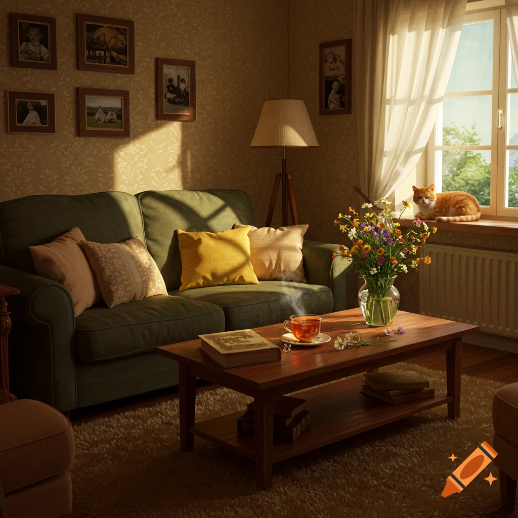 A cozy, sunlit living room with a green sofa, coffee table, flowers, and an orange cat on the windowsill, photorealistic.
