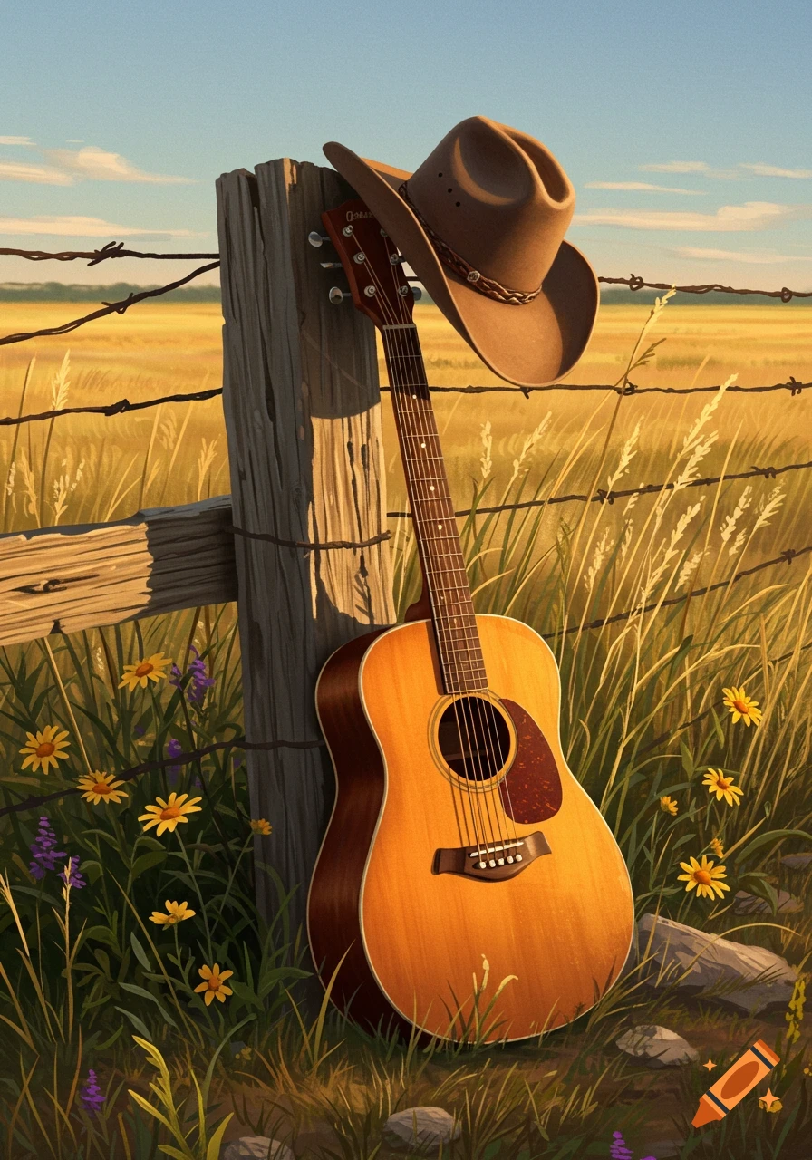 An acoustic guitar and cowboy hat lean against a rustic fence post in a sunny field with wildflowers.
