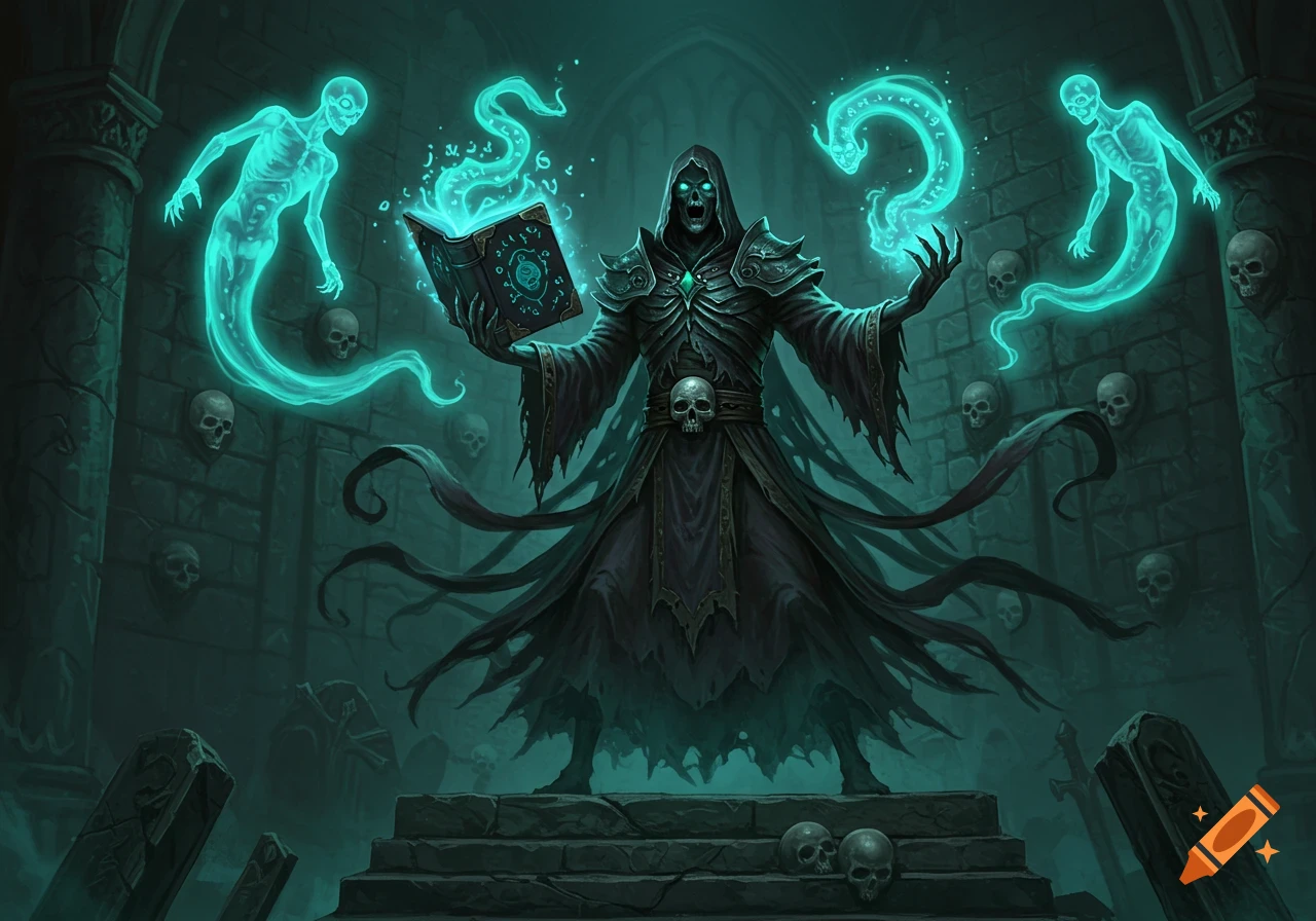 An undead necromancer in dark robes holds a glowing magic book, summoning two spectral ghosts in a gloomy, skull-adorned chamber.