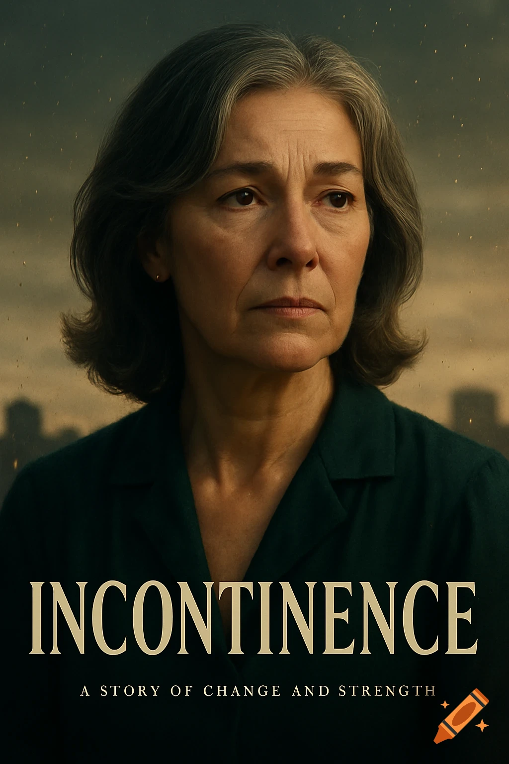 Movie poster for 'Incontinence' featuring a serious-looking older woman in a green shirt against a blurred city skyline.