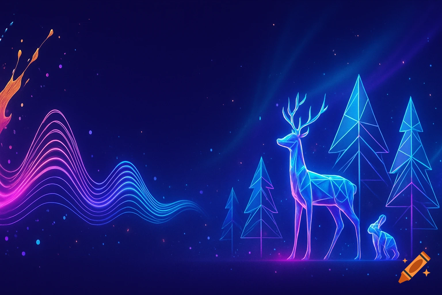 Neon geometric deer, rabbit, and trees with glowing sound waves on a dark blue and purple abstract digital background.