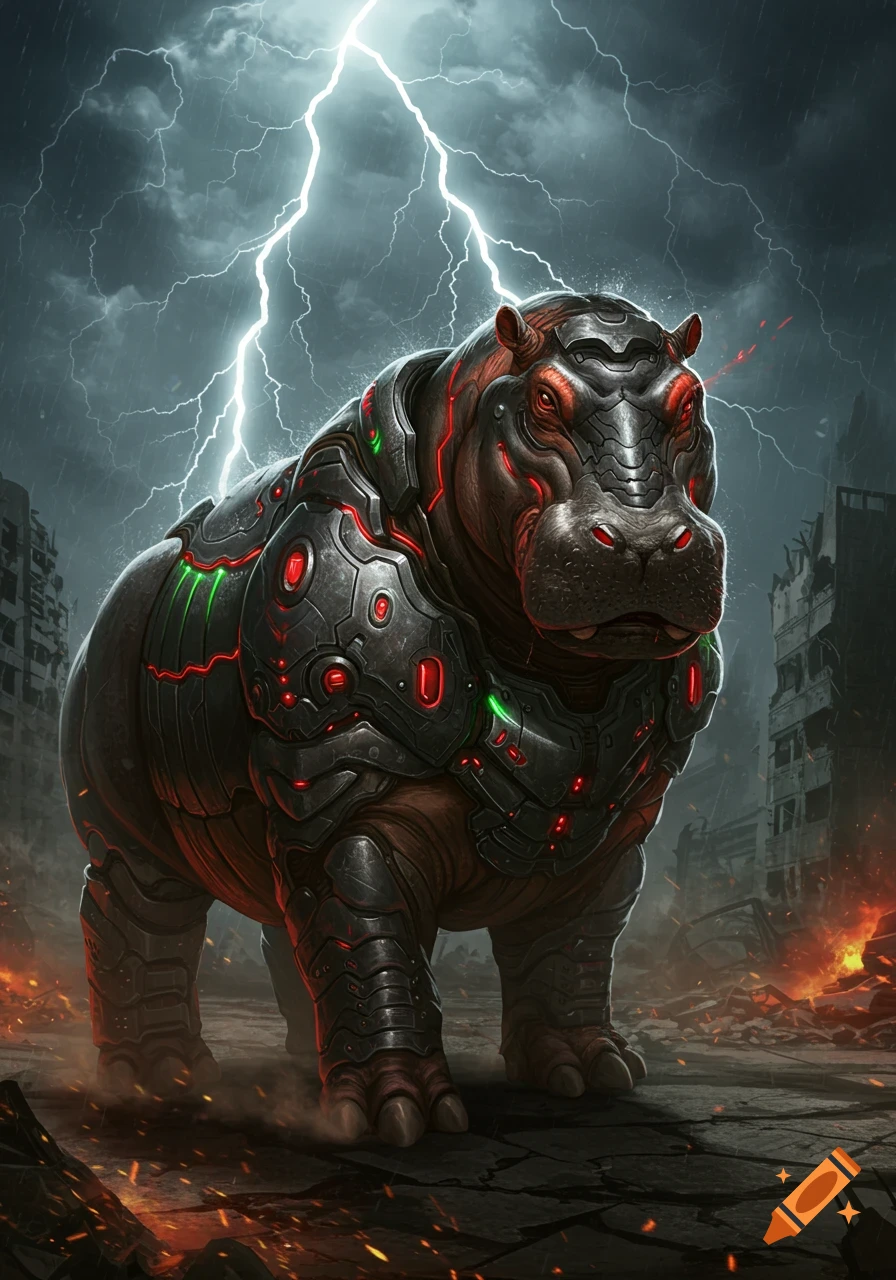 A massive hippo in black and red mechanical armor stands in a destroyed, burning city under a stormy sky with lightning.