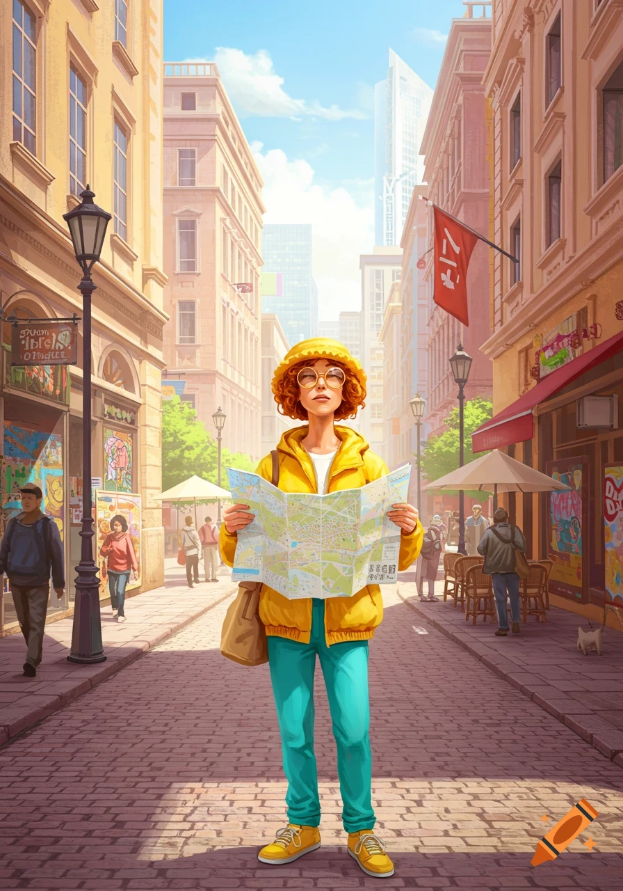 An illustrated female tourist in a yellow jacket and turquoise pants looks at a map on a cobblestone city street with buildings and other people.