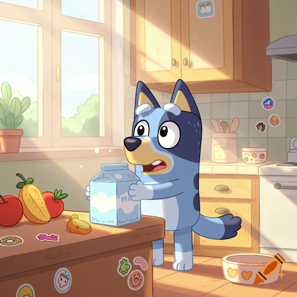 Bluey, a blue dog cartoon character, struggles to open a milk carton in a sunlit kitchen.