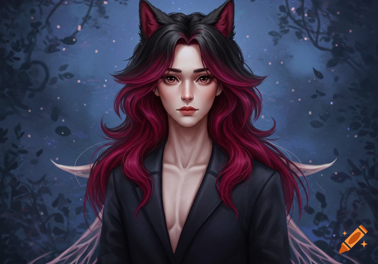 A stylized fantasy portrait of a person with black and red hair, black animal ears, and large brown eyes, wearing a dark blazer, against a dark blue background with glowing dots and shadowy foliage.