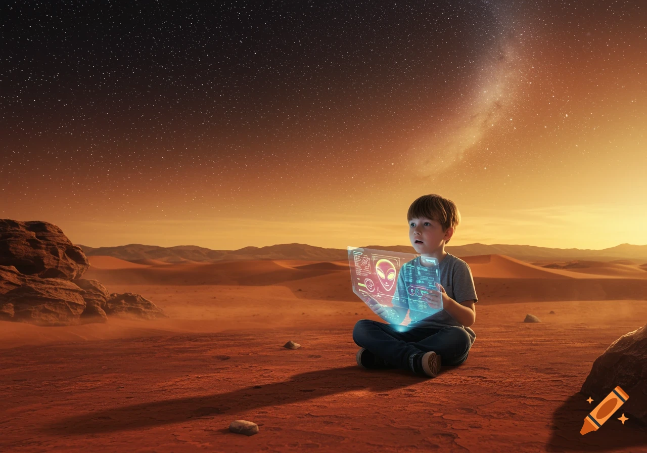 A young boy sits on the red Martian desert, looking intently at a glowing holographic screen depicting an alien face and data, under a starry sky.