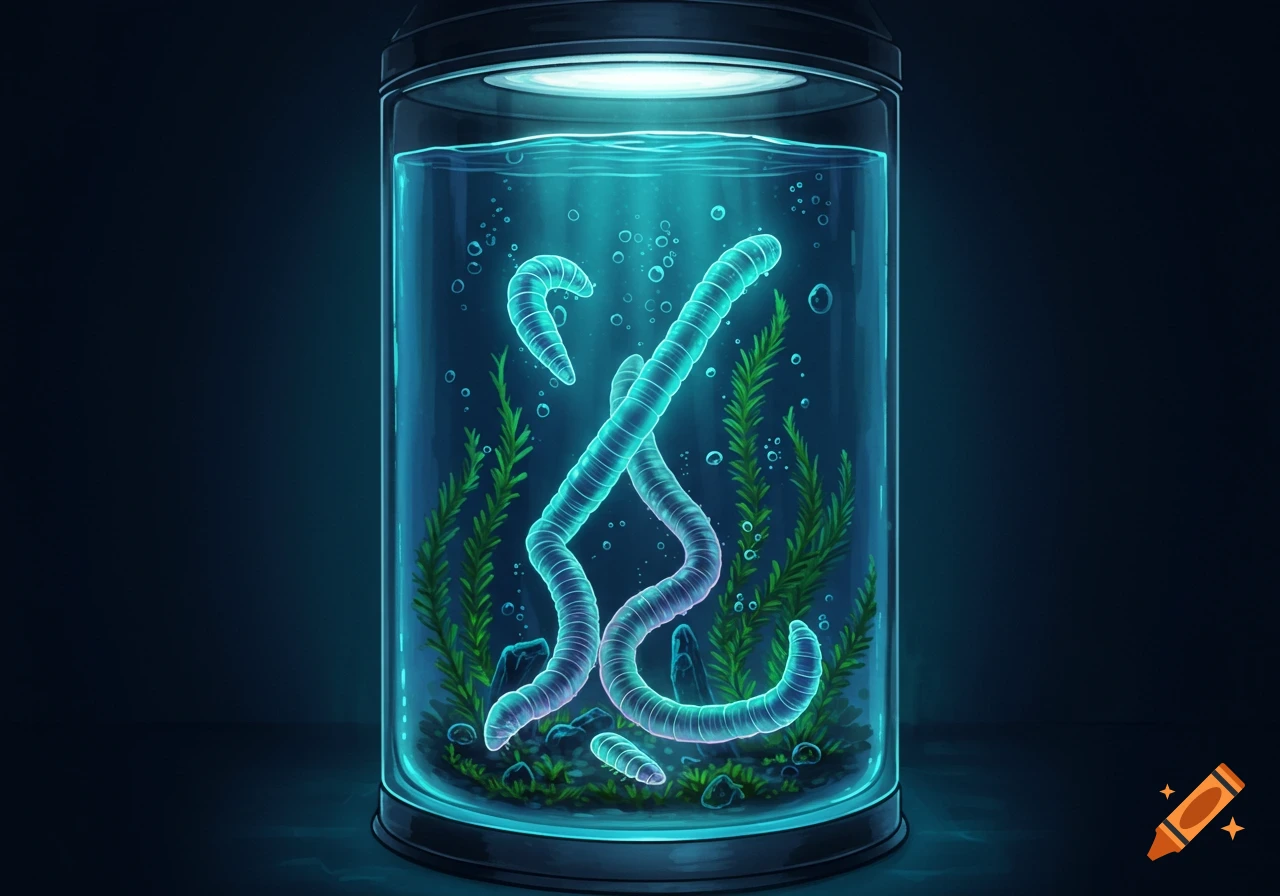 Digital art of glowing blue worms swimming in a glass tank with aquatic plants and bubbles, against a dark background.