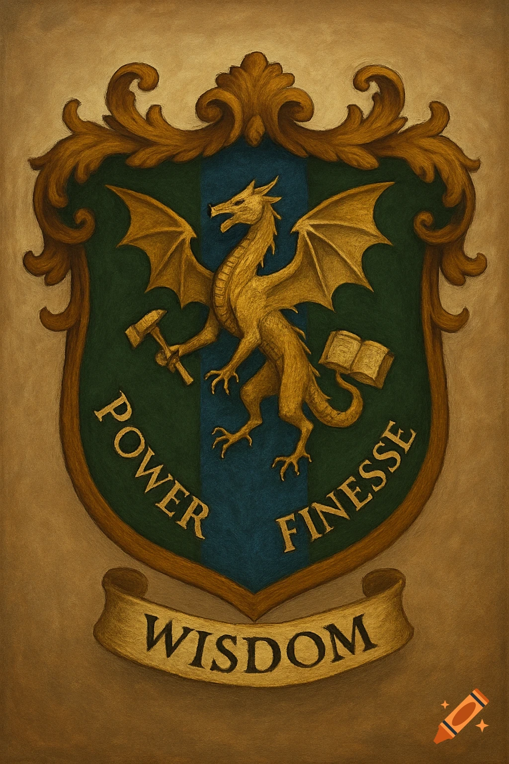 A coat of arms with a golden dragon on a green and blue shield, holding a hammer and a book. Text reads "POWER", "FINESSE", and "WISDOM" on banners.