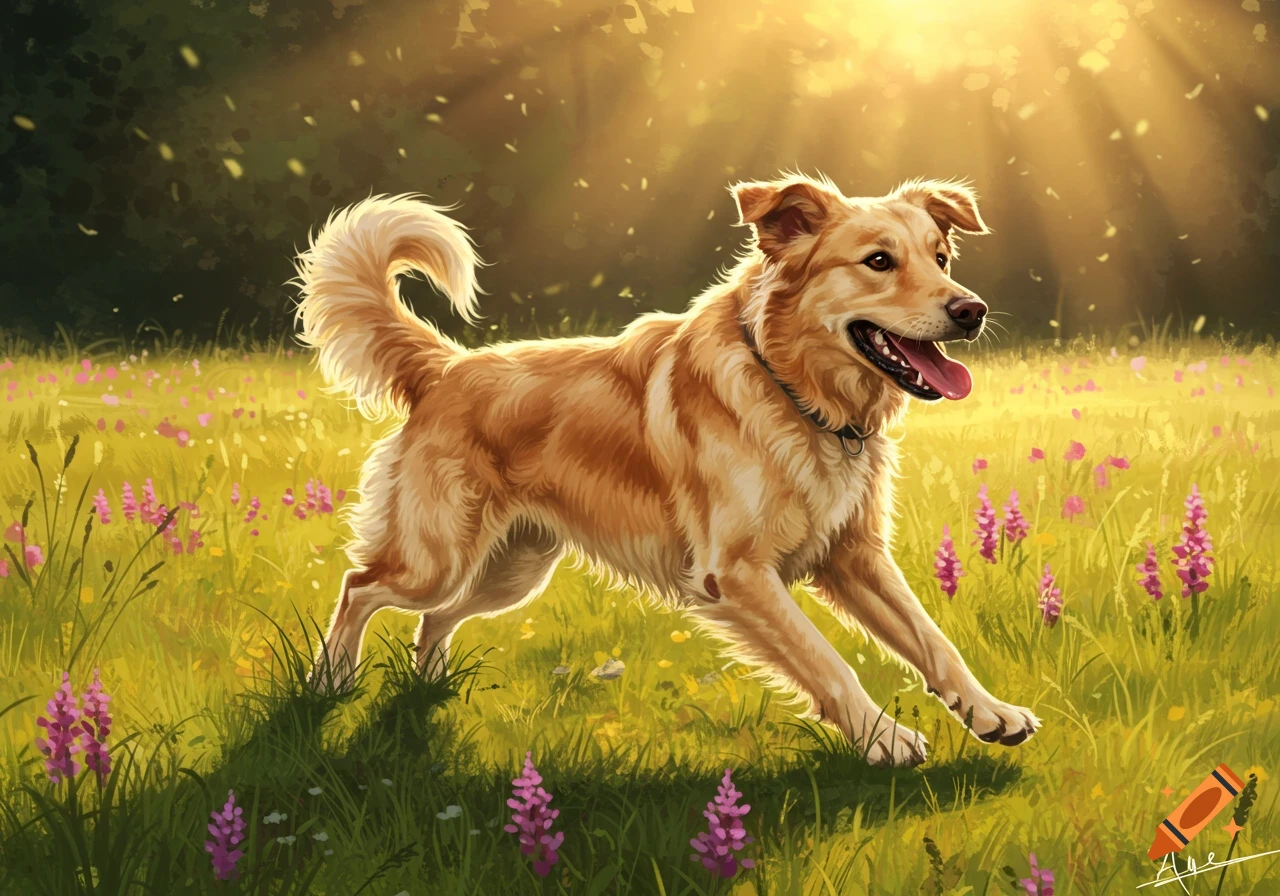 A golden-brown dog with a happy expression runs through a sunny, green field filled with pink and purple wildflowers, in a painterly style.