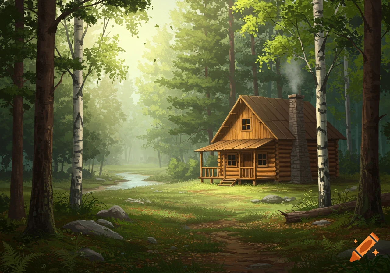 A rustic wooden cabin sits in a clearing in a lush forest with a stream, bathed in a soft, misty light.