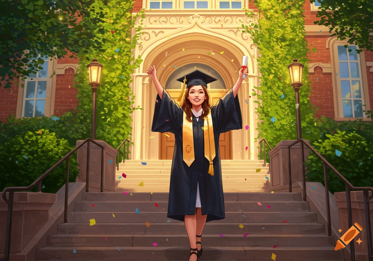 Illustrated depiction of a happy female graduate in cap and gown, arms raised with a diploma, confetti falling on university steps.