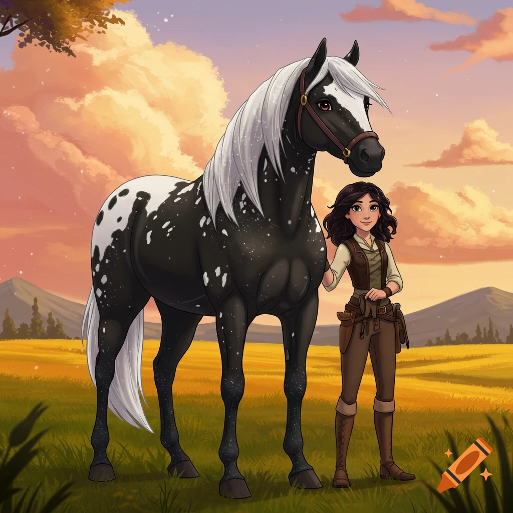 A cartoon girl with dark hair, dressed as a rider, stands next to a black and white Appaloosa horse in a grassy field at sunset.