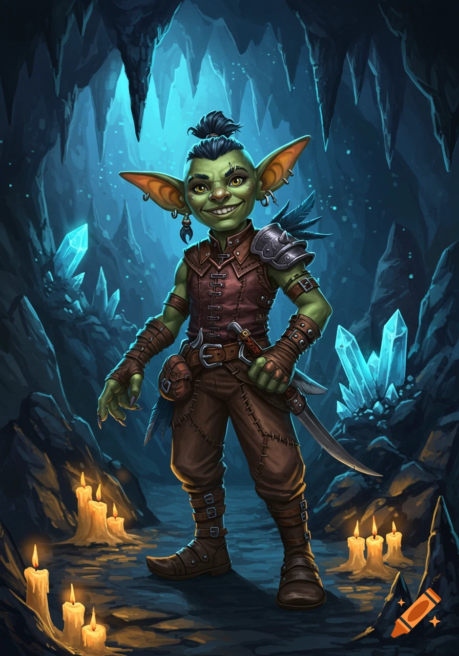 A mischievous green-skinned goblin in leather armor holds a dagger, smiling in a dark cave illuminated by blue crystals and candles.