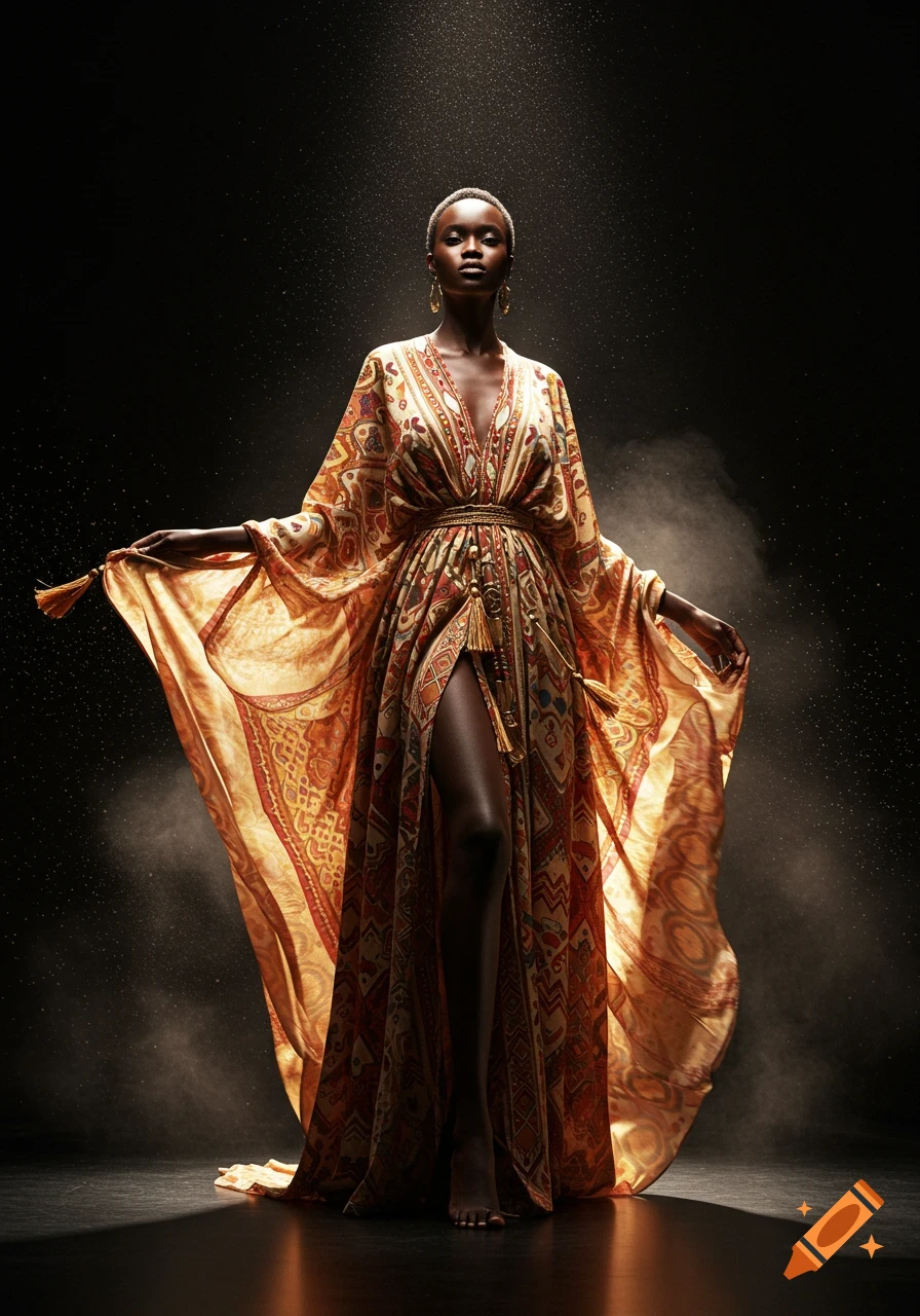 Full-length shot of a Black woman in a flowing, patterned dress with a high slit, illuminated by spotlights in a dark, atmospheric setting.