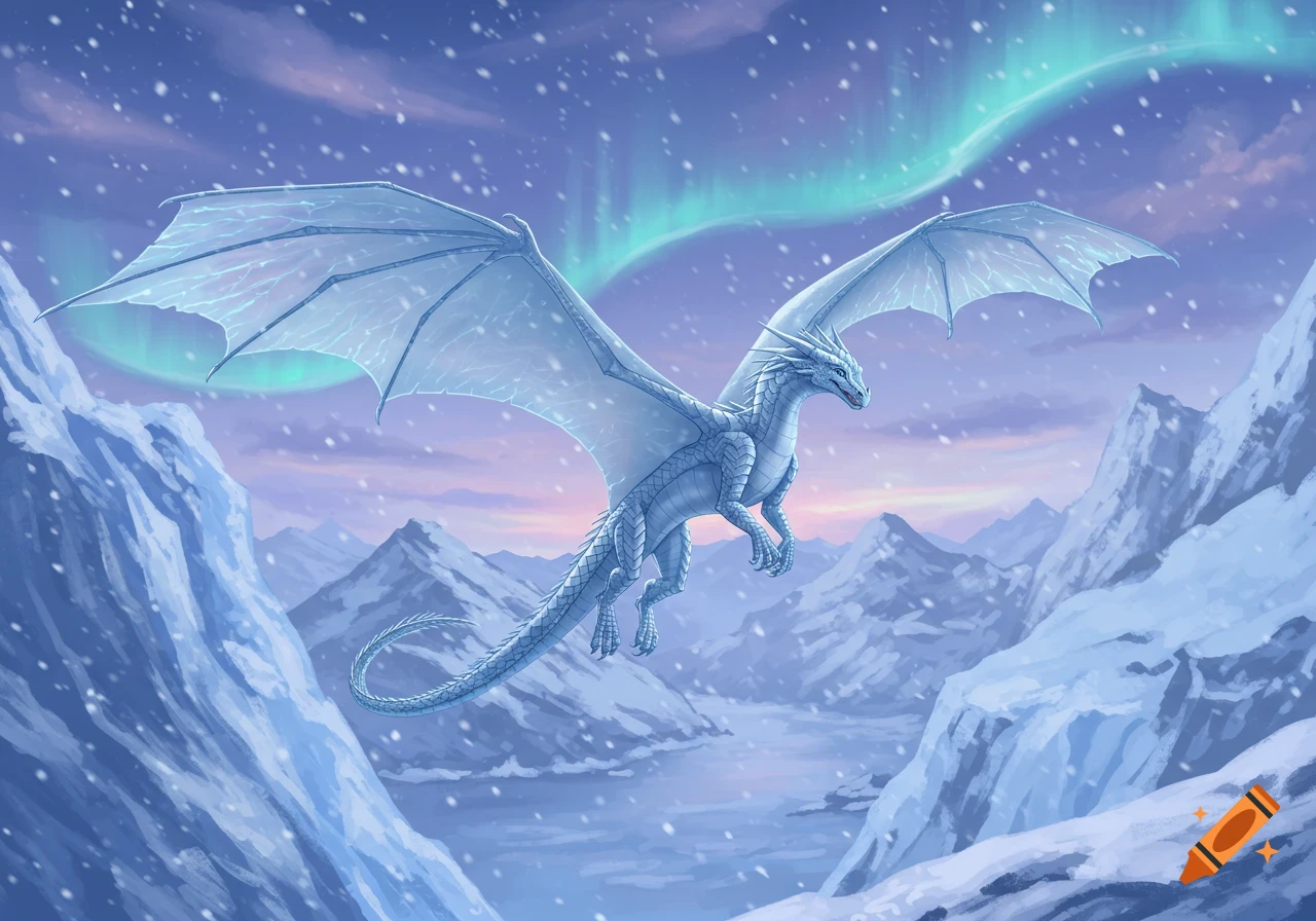 An ice dragon with translucent wings soars over a snowy mountain landscape under a sky lit by the aurora borealis.