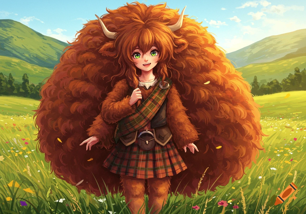 Anime girl with huge, fluffy brown hair and small horns, dressed in a tartan kilt, standing in a sunny meadow with green hills.