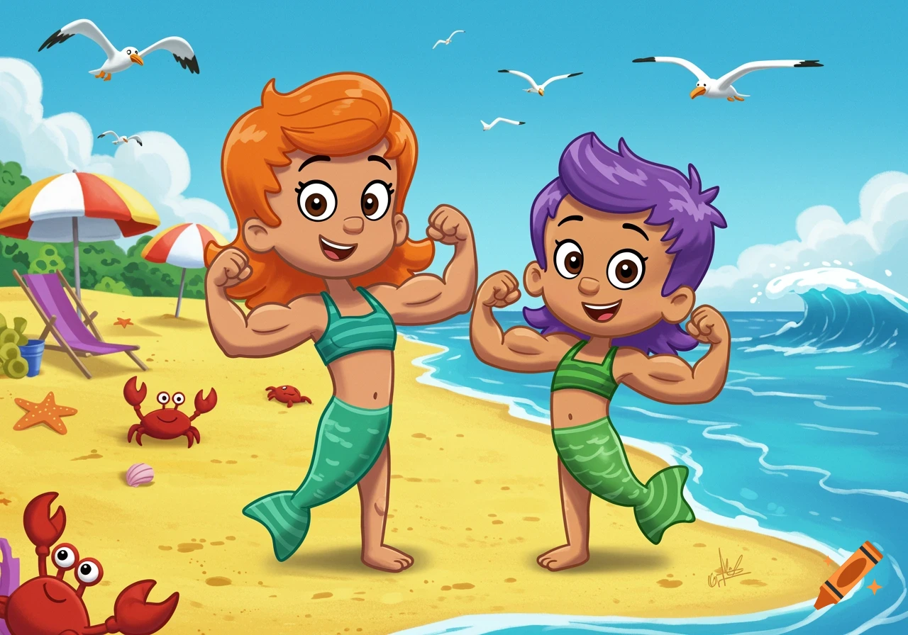 Two cartoon mermaid girls, one with orange hair and one with purple hair, flex their muscular arms on a sunny beach with crabs and seagulls.