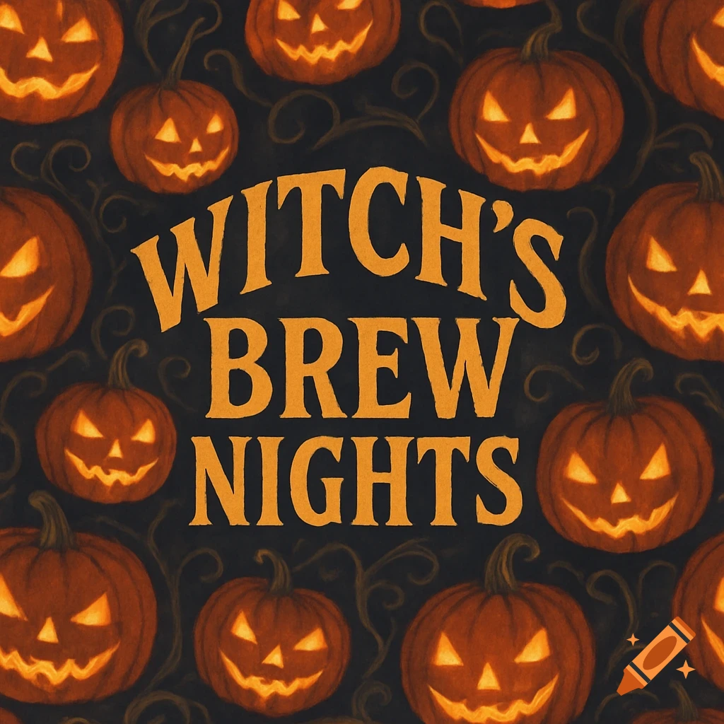 An illustration of glowing jack-o'-lanterns and twisted vines on a dark background with the text 'WITCH'S BREW NIGHTS'.