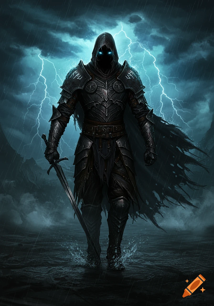 A dark, hooded warrior in ornate black armor with glowing blue eyes holds a sword, standing in rain with lightning in the stormy sky.