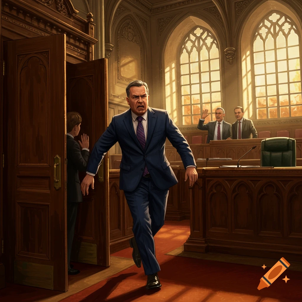 An angry man in a suit storms out of a formal council meeting room while other attendees in the background wave.