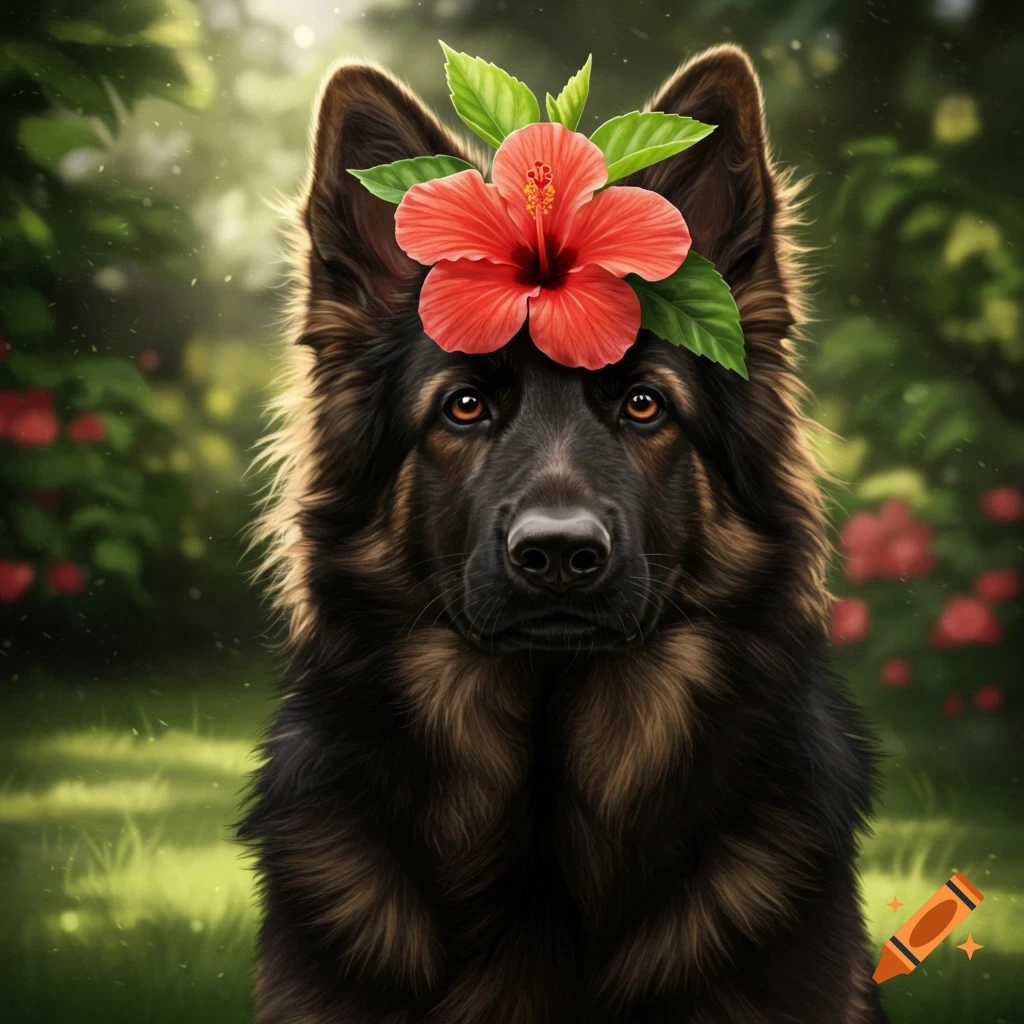 Photorealistic close-up of a German Shepherd dog with a red hibiscus flower on its head, in a green, sun-dappled garden.