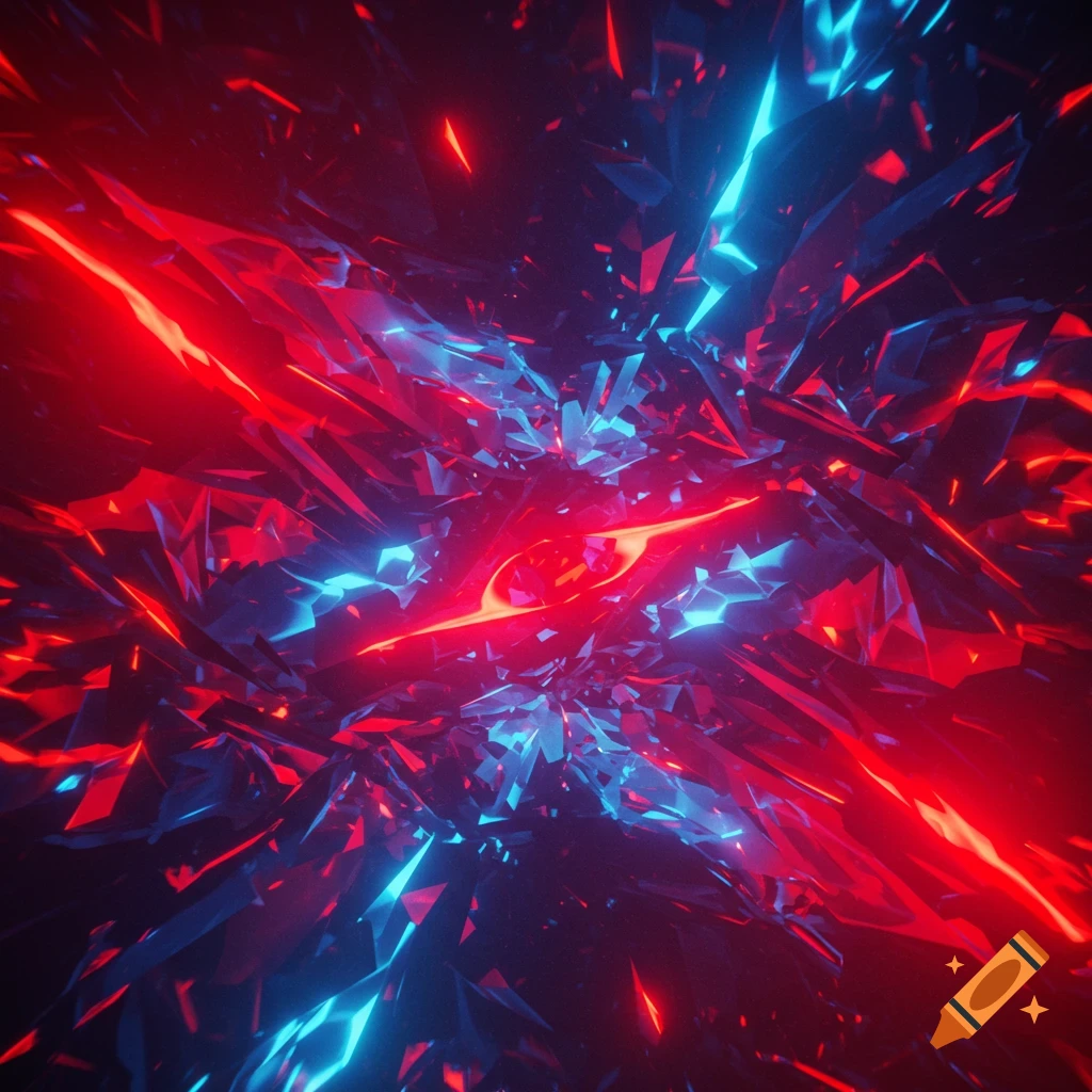 An abstract explosion of glowing red and blue crystal shards on a dark background.