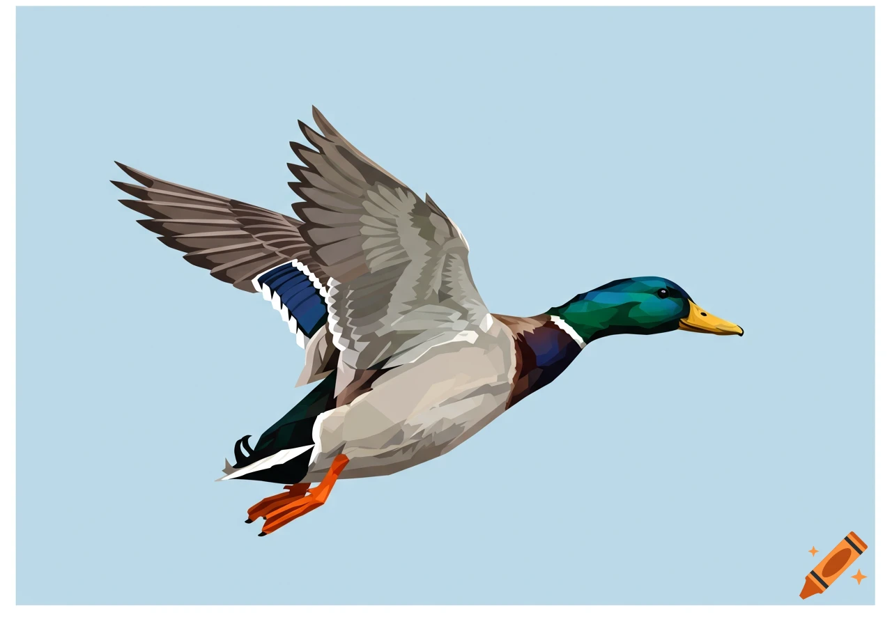 Vector illustration of a mallard duck flying with cupped wings against a light blue background.
