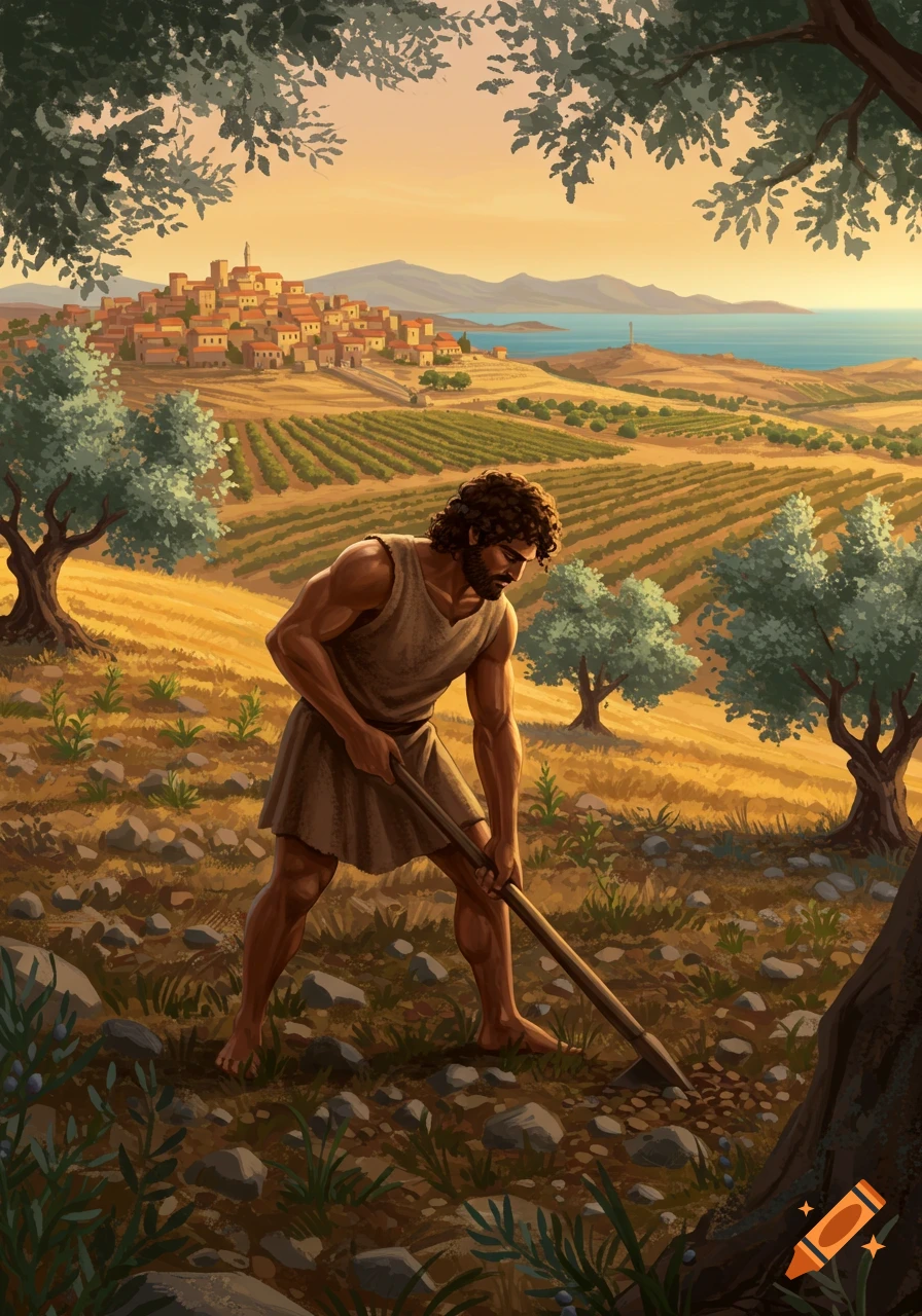 An illustration of a man harvesting rocky ground on a sunny hill, with olive trees, fields, a village, and the sea in the background.
