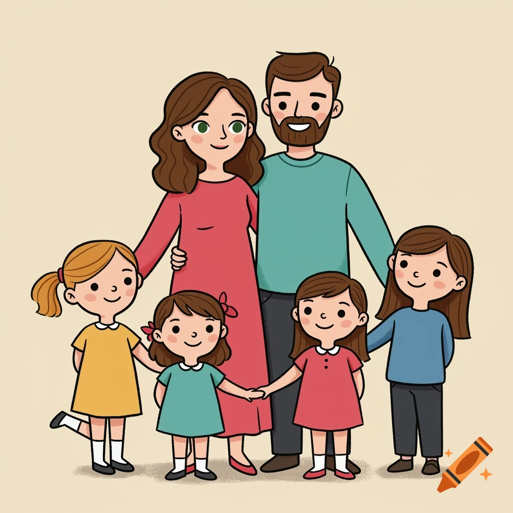 A smiling cartoon family with a mother, father, and four young daughters in clip art style.