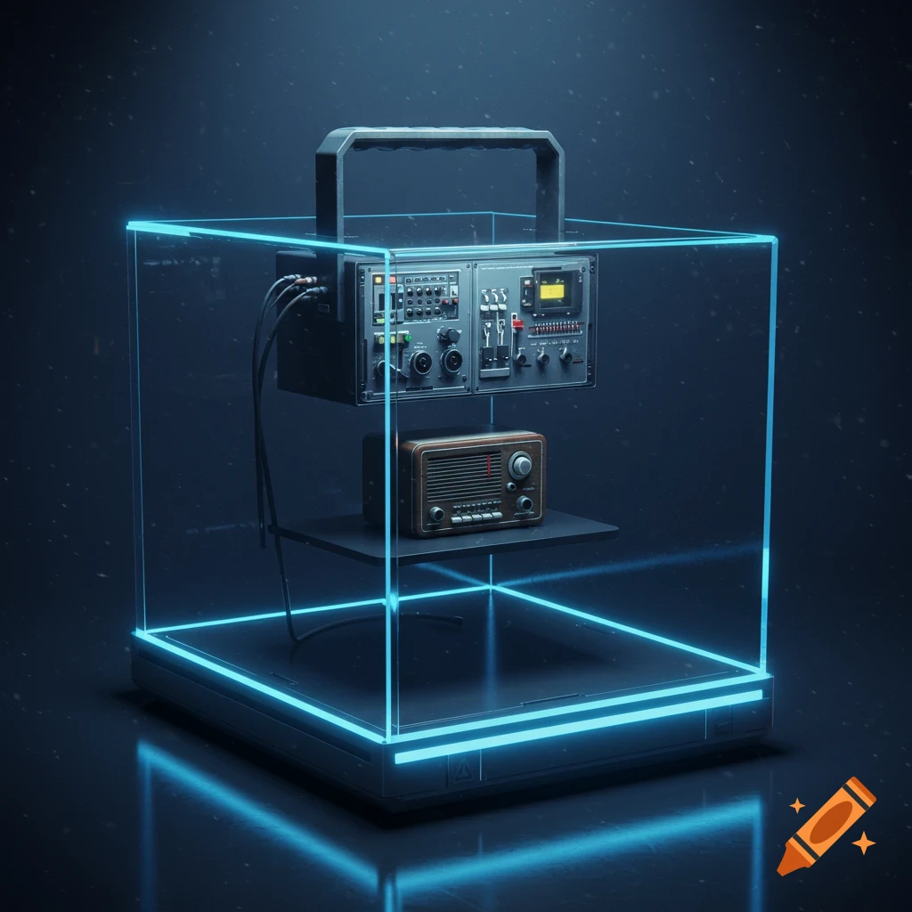 A sci-fi cube with glowing blue edges encases a vintage radio and a complex control panel, floating in a dark, futuristic setting.
