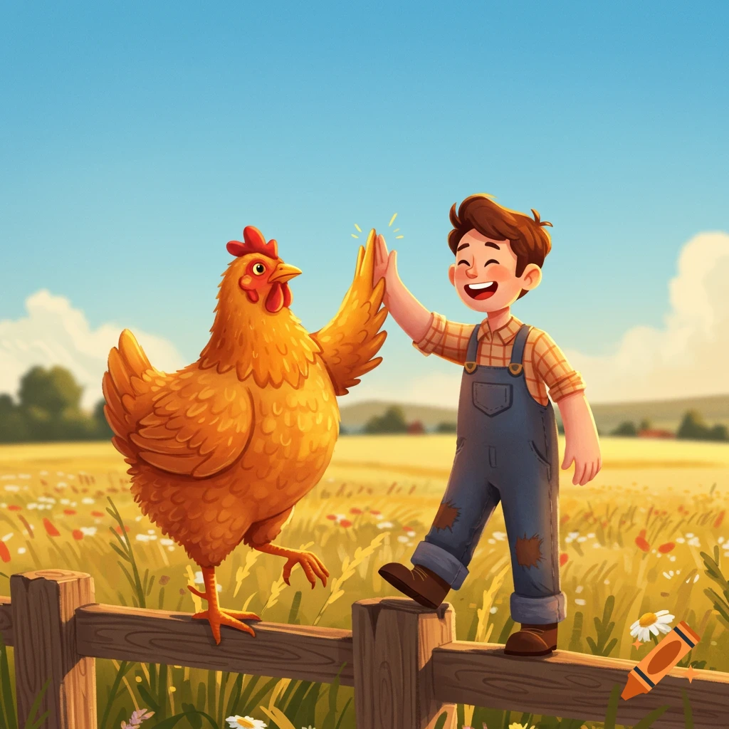 Cartoon boy and a chicken high-fiving on a wooden fence in a sunny, flower-filled field.