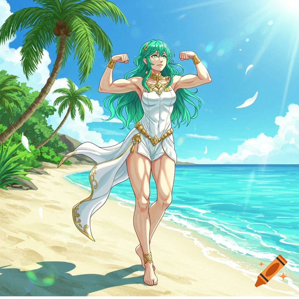 Anime woman with green hair, Sothis, flexing biceps on a sunny tropical beach.
