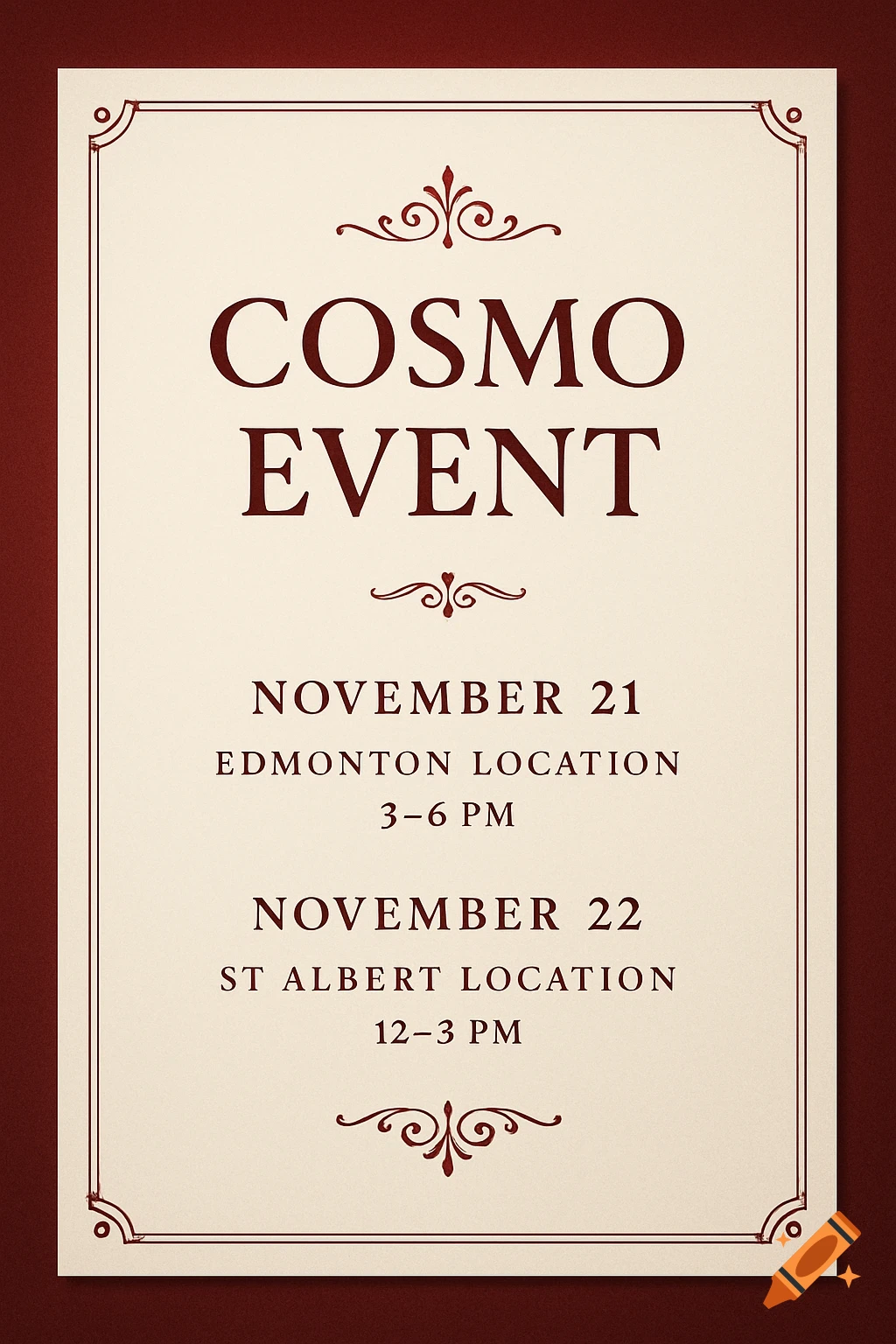 A formal event invitation for a Cosmo Event, featuring dates, times, and locations in Edmonton and St. Albert, with dark red accents on a cream background.