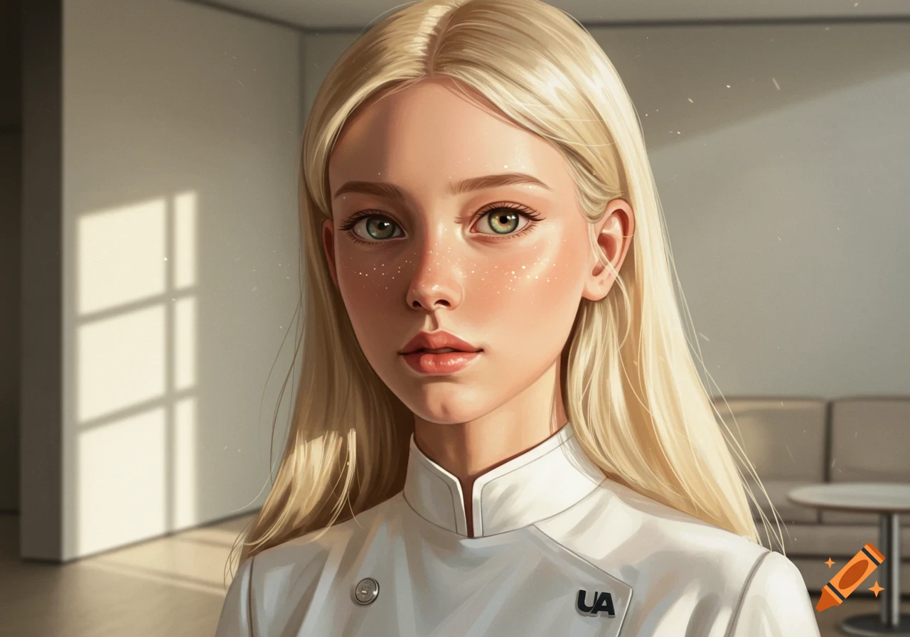 A stylized digital portrait of a blond girl with green eyes and freckles, wearing a white uniform with "UA" on it.