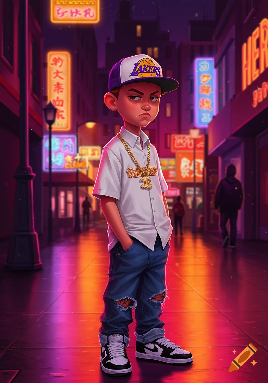 A cartoon boy in a Lakers hat, white shirt, gold chain, ripped jeans, and sneakers stands skeptically in a neon-lit city street.