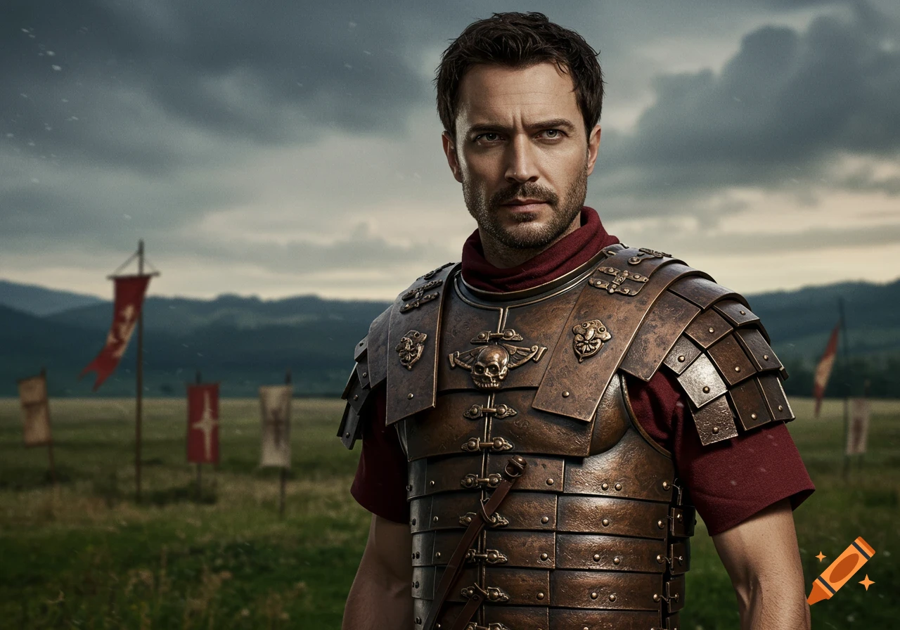 A man with dark hair and a beard wearing elaborate bronze segmented armor over a red tunic, standing in a grassy field under a cloudy sky.