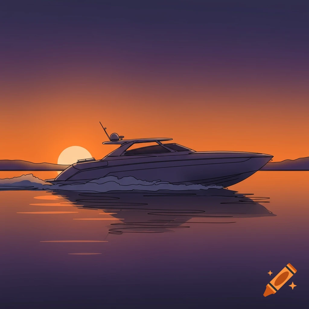 A simple line drawing of a go-fast boat speeding across water at sunset.