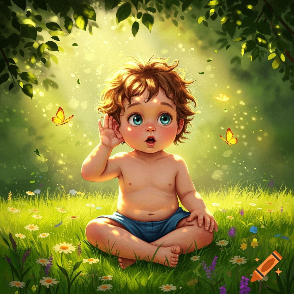 A cute, wide-eyed baby with curly brown hair sits in a sun-dappled grassy field with flowers and butterflies, hand cupped to ear as if listening.