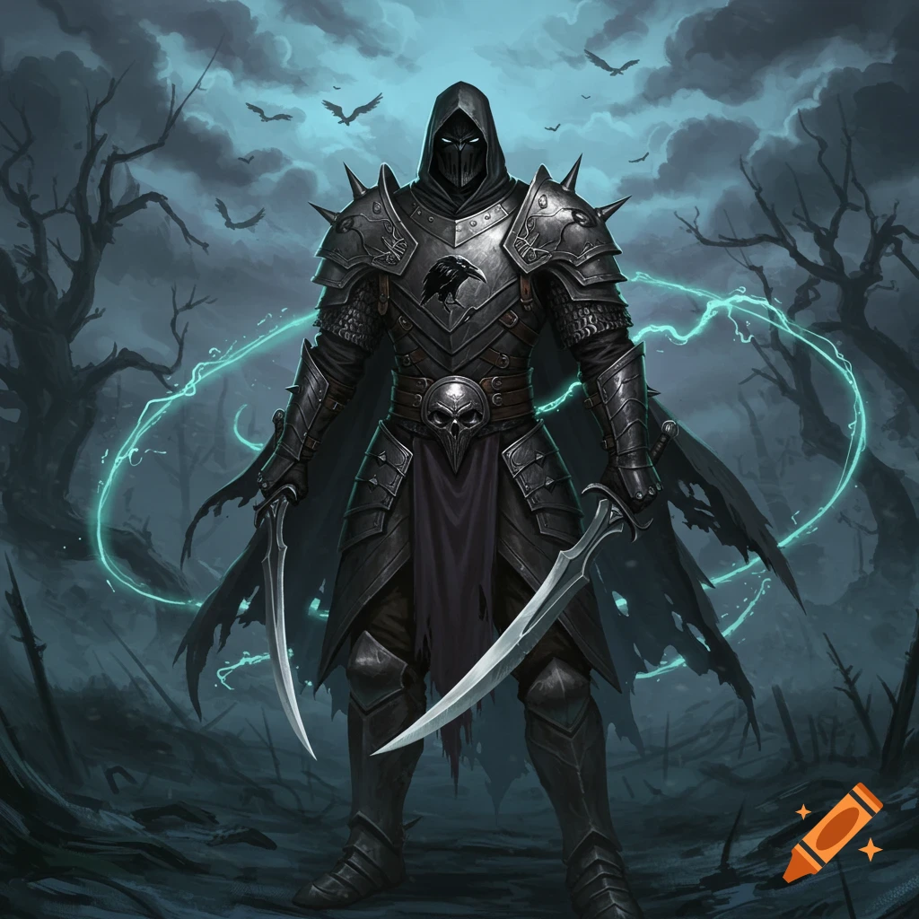 A hooded dark knight in spiked armor with two curved swords stands in a misty, dead forest with glowing energy and bats.