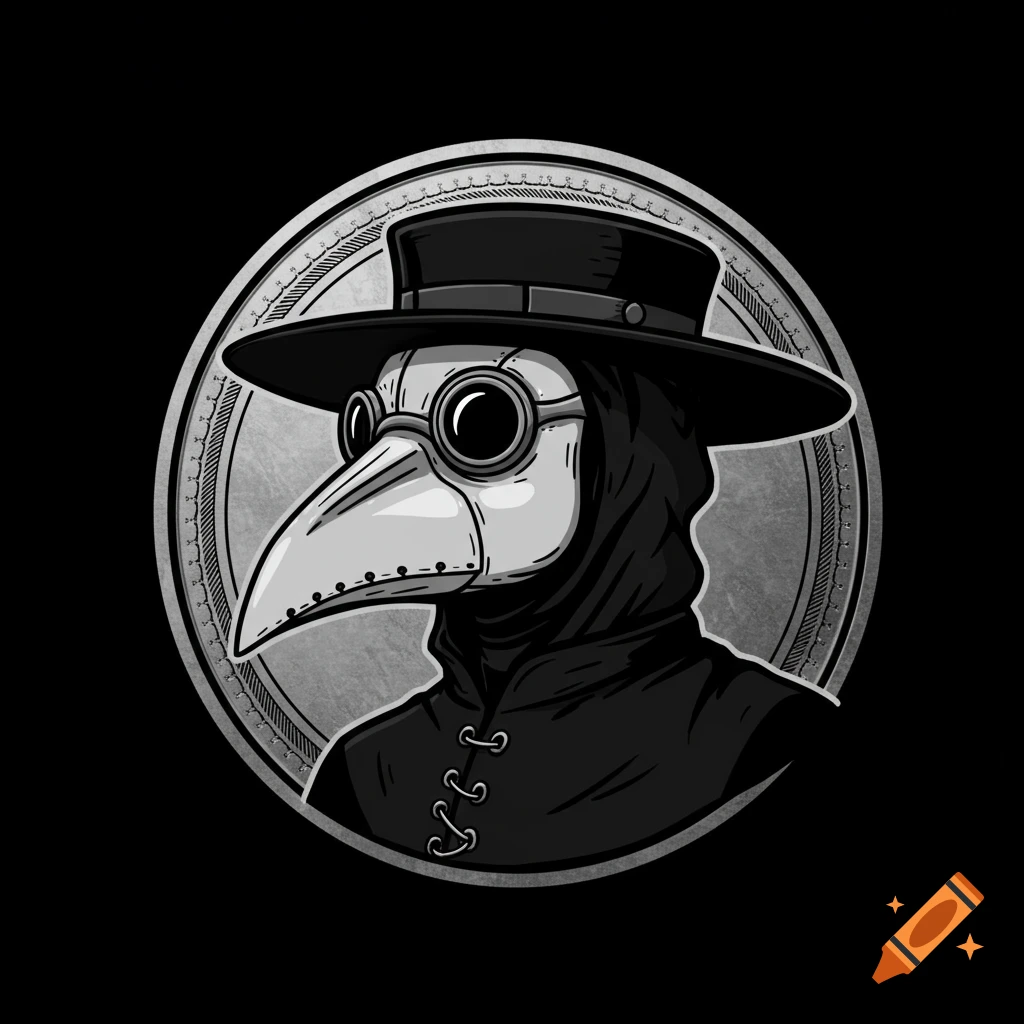 Stylized illustration of a plague doctor in a top hat and goggles, with a beak mask, against a circular textured background.