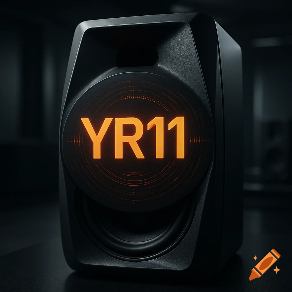 A dark gray speaker with a glowing orange 'YR11' logo and a lower bass cone, set against a dark, blurred background.