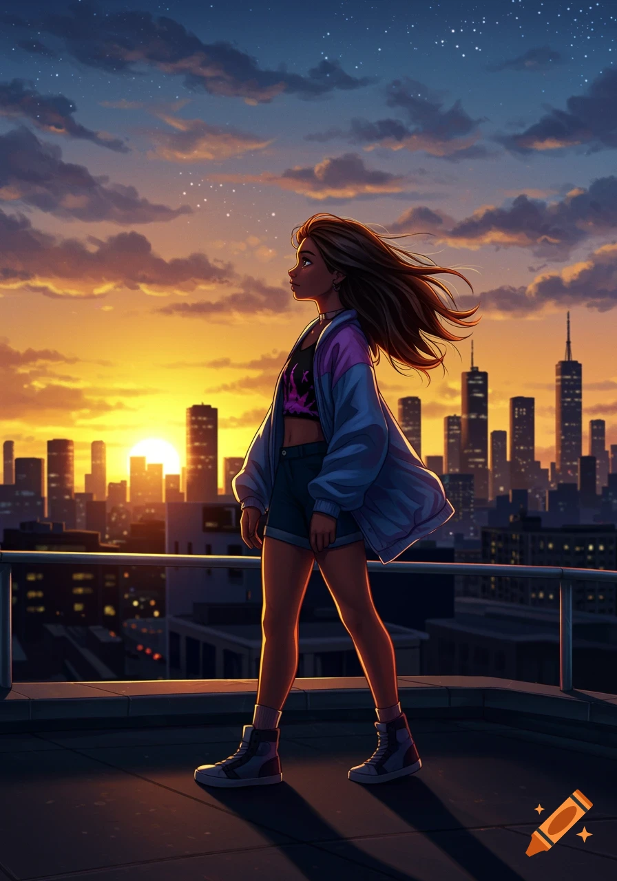 A young woman in a crop top and jacket stands on a rooftop, overlooking a cityscape at sunset, in a digital art style.