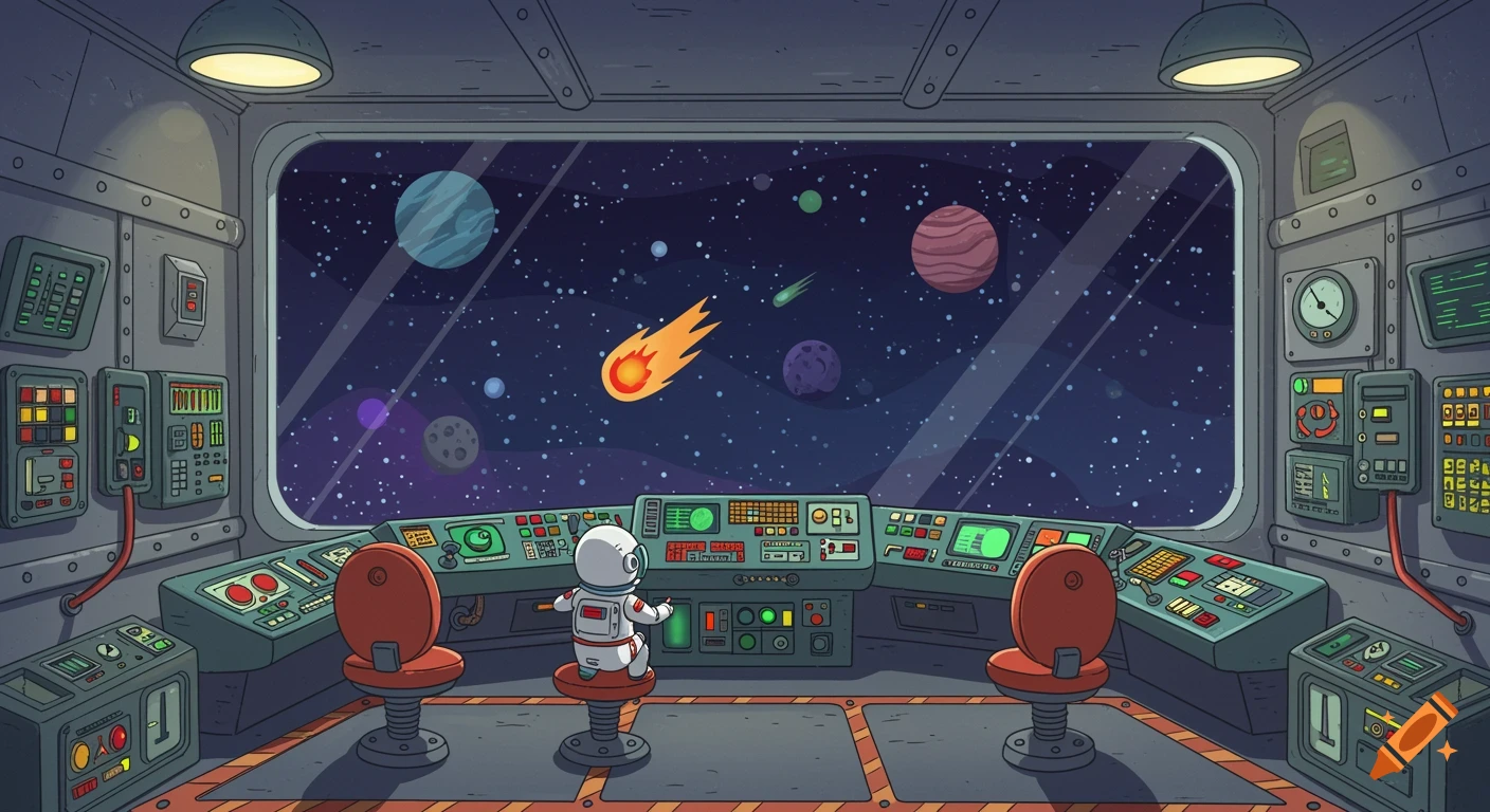 A cartoon astronaut sits in a spaceship cockpit, looking out a large window at planets and a comet in space.